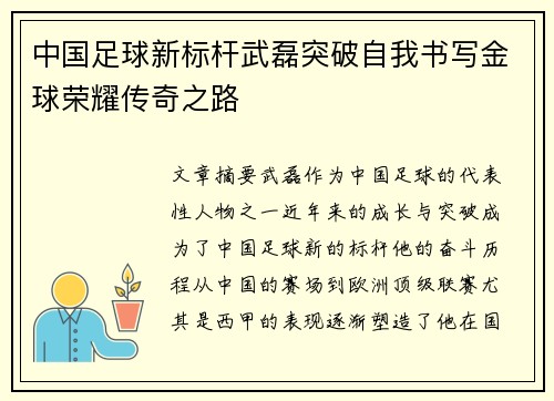 中国足球新标杆武磊突破自我书写金球荣耀传奇之路