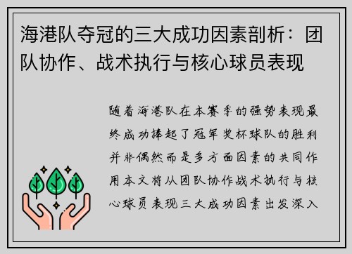 海港队夺冠的三大成功因素剖析：团队协作、战术执行与核心球员表现