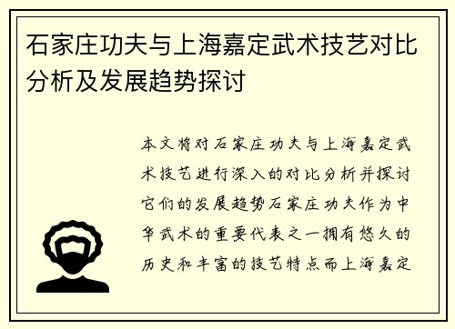 石家庄功夫与上海嘉定武术技艺对比分析及发展趋势探讨